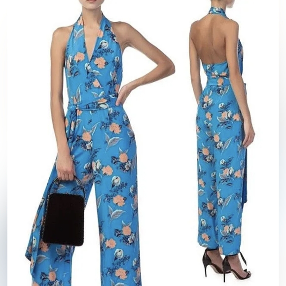 Vintage Diane Von Furstenberg 100% Silk Blue And Peach Jumpsuit Size 10 - Picture 4 of 5